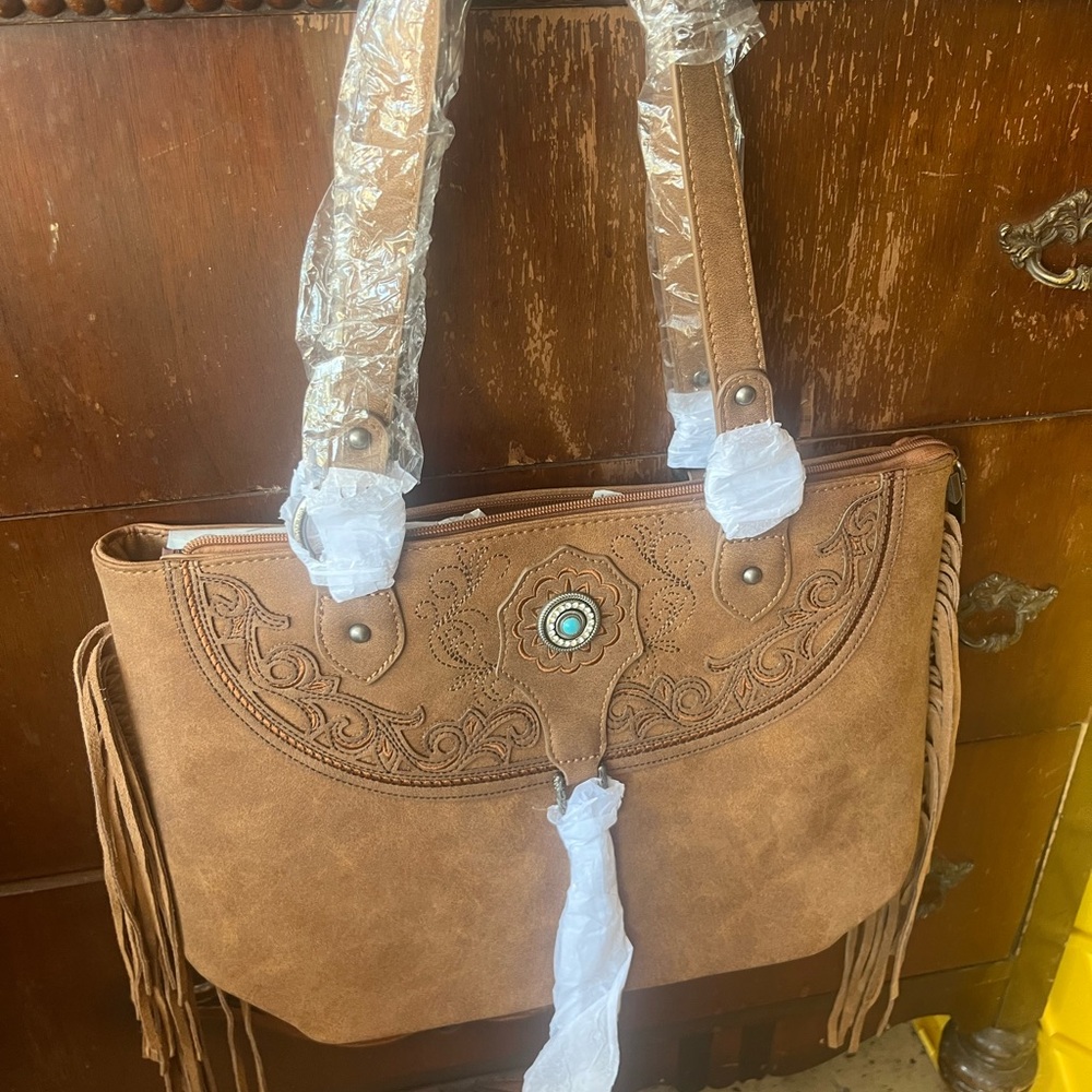 Montana West Brown Tote with Fringe and Turquoise Detail